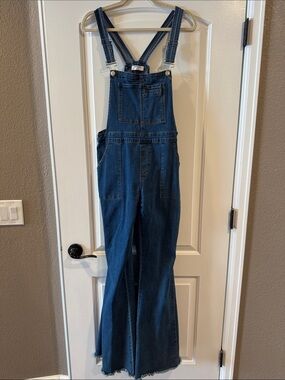 Denim Wide Flare Overalls - Dark Blue